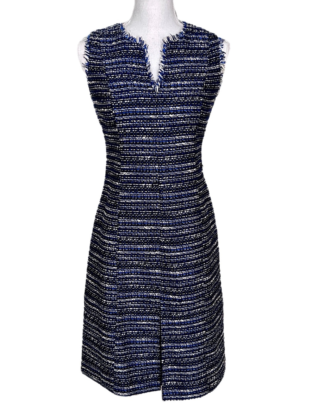 Karl Lagerfeld Paris Dress Blue Tweed Office Career Preppy Fringe Trim Old Money